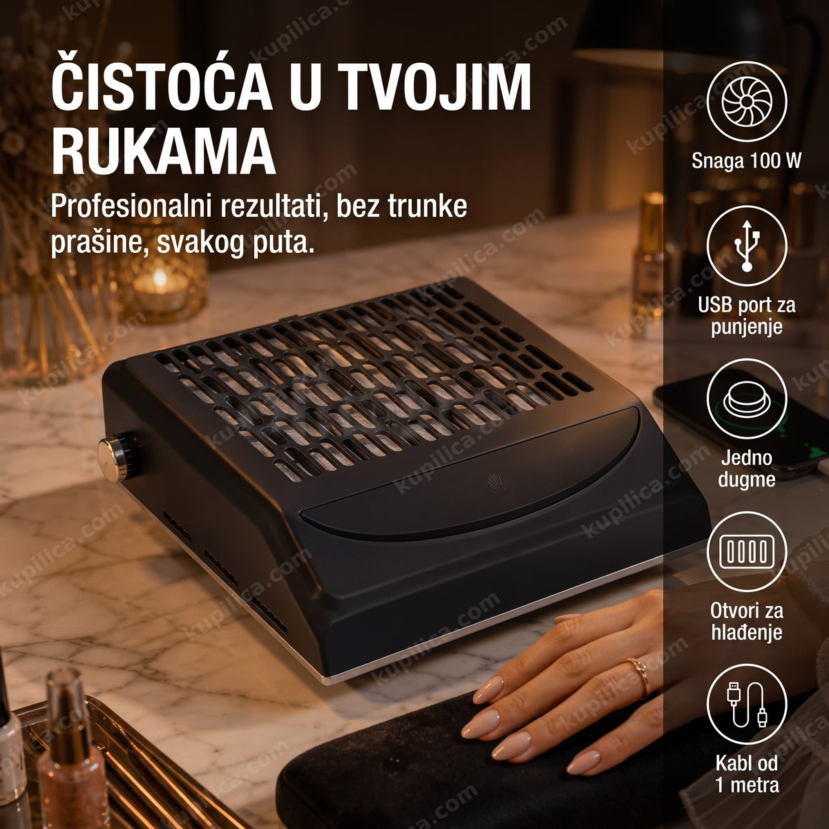 Crni aspirator za nokte sa USB portom na stolu u salonu, benefiti proizvoda