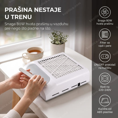 Beli aspirator za nokte pored prozora u kućnom manikir kutku sa prirodnim svetlom