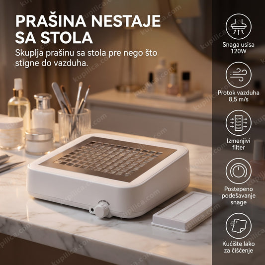 Aspirator za nokte na salonskom stolu sa rezervnim filterom pored
