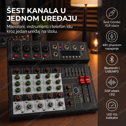 audio mikseta 6 kanala sa bluetooth vezom na drvenom stolu u studiju