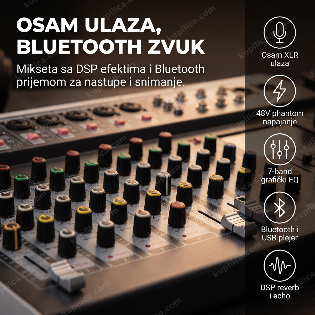 audio mikseta sa 8 kanala, bluetooth prijemom i DSP efektima na stolu