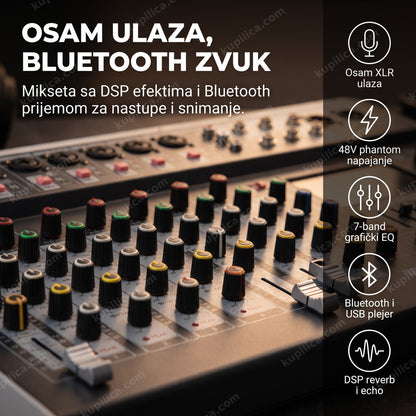 audio mikseta sa 8 kanala, bluetooth prijemom i DSP efektima na stolu
