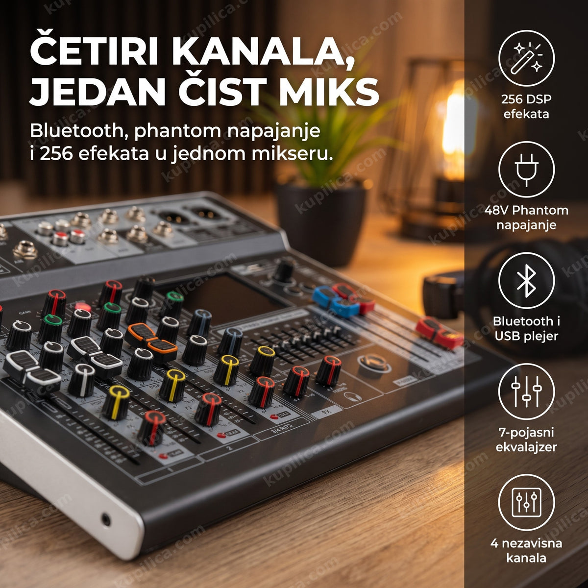 audio mikseta sa bluetooth i phantom napajanjem na drvenom stolu u studiju
