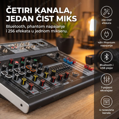 audio mikseta sa bluetooth i phantom napajanjem na drvenom stolu u studiju