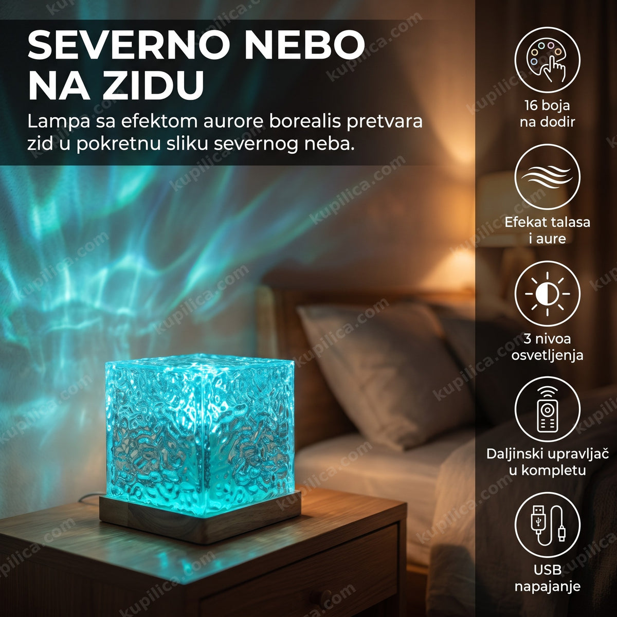 aurora lampa sa efektom severne svetlosti na zidu spavaće sobe, benefiti proizvoda