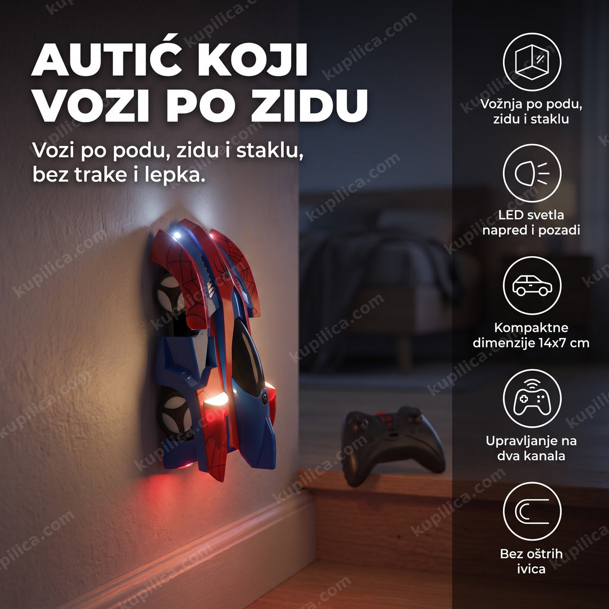 crveno-plavi rc autić sa led svetlima koji vozi po zidu u mračnoj sobi, benefiti proizvoda
