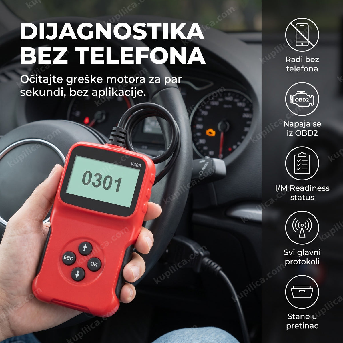 crveni obd2 skener auto dijagnostika priključen u dijagnostički port sa brojčanim prikazom, benefiti proizvoda
