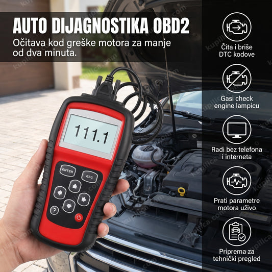 crveno-crni obd2 skener za auto dijagnostiku u ruci pored otvorene haube, benefiti proizvoda