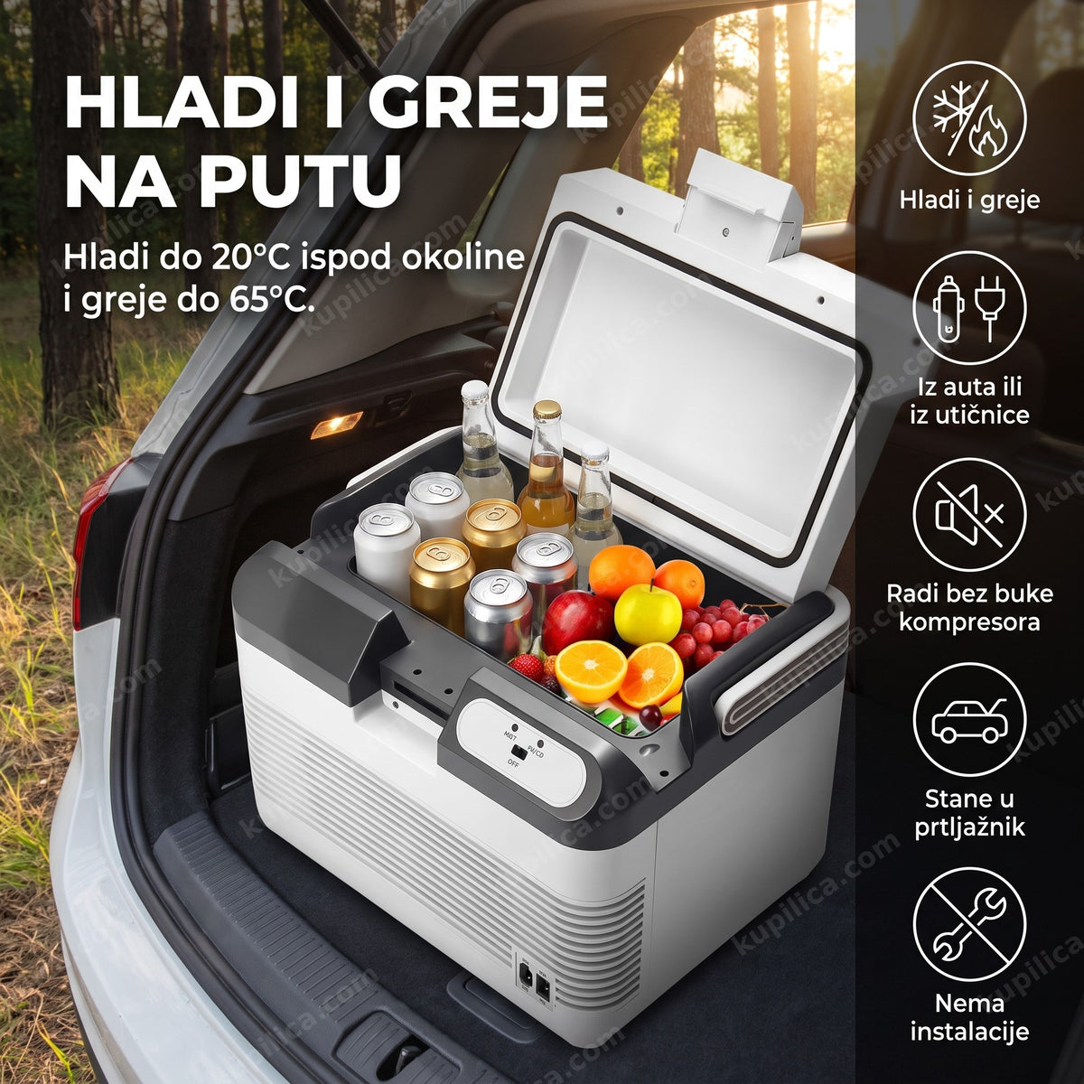 auto frižider otvoren u gepeku sa voćem i pićem, benefiti proizvoda