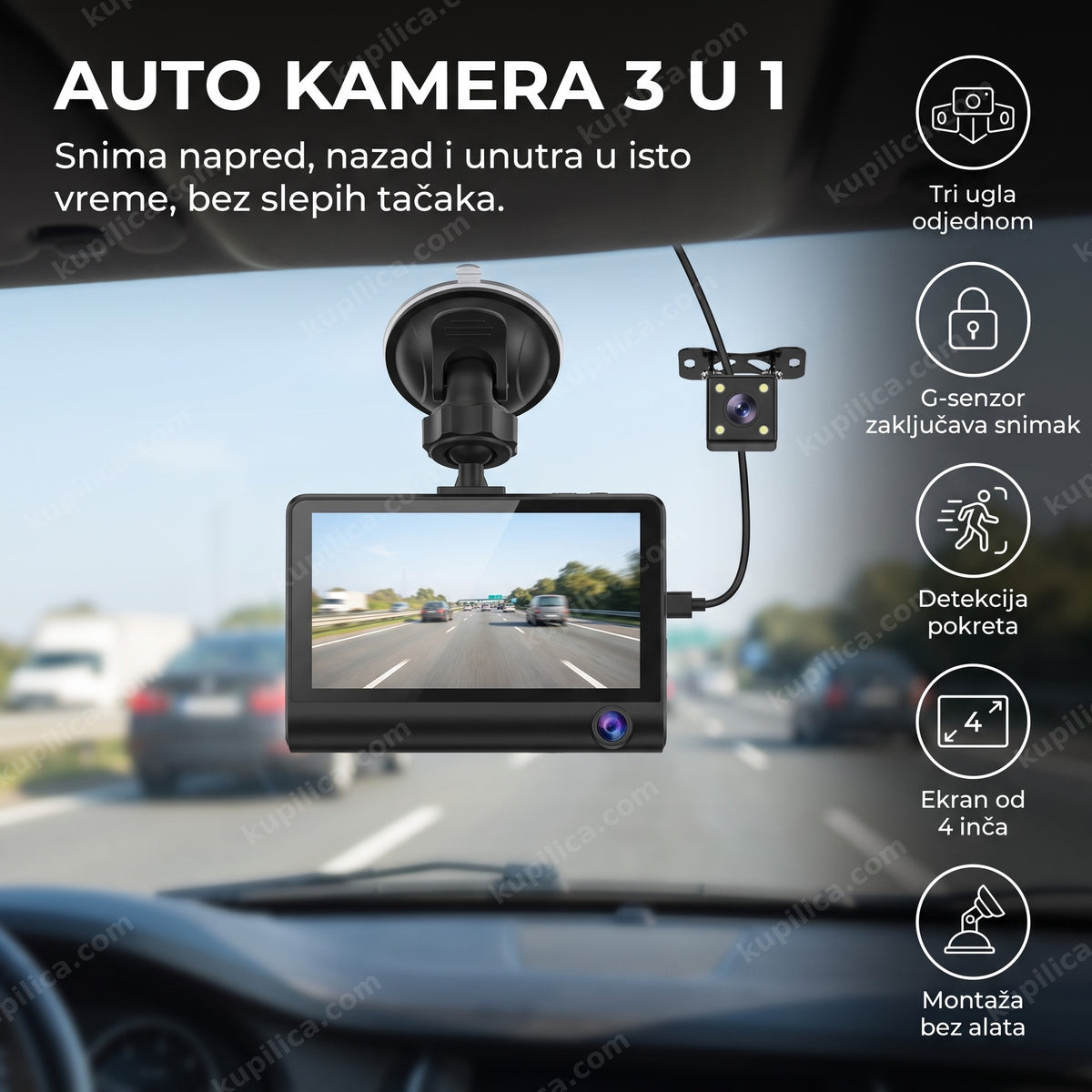Auto kamera 3 u 1 montirana na vetrobransko staklo prikazuje put na ekranu, benefiti proizvoda