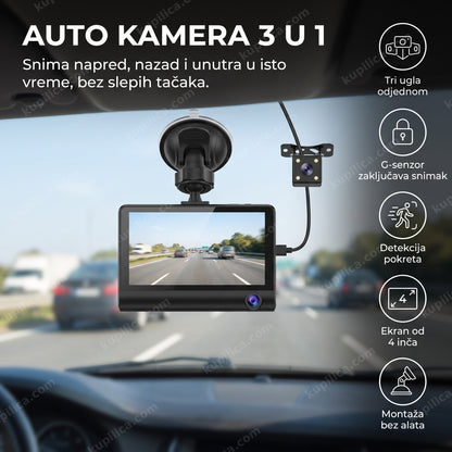 Auto kamera 3 u 1 montirana na vetrobransko staklo prikazuje put na ekranu, benefiti proizvoda