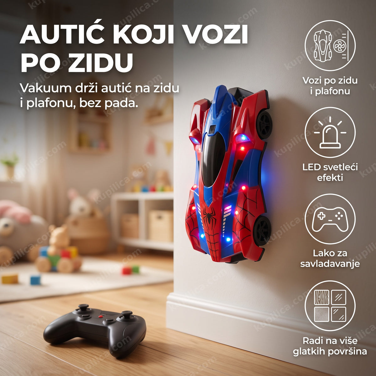 crveno-plavi autić koji vozi po zidu u dečijoj sobi, benefiti proizvoda