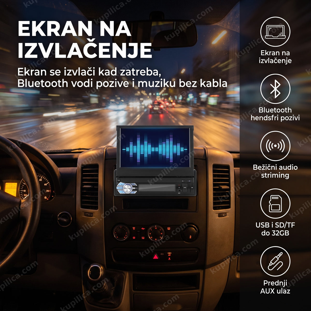 Auto multimedija na izvlačenje sa ekranom uvučenim u tabli vozila, prikaz benefita proizvoda