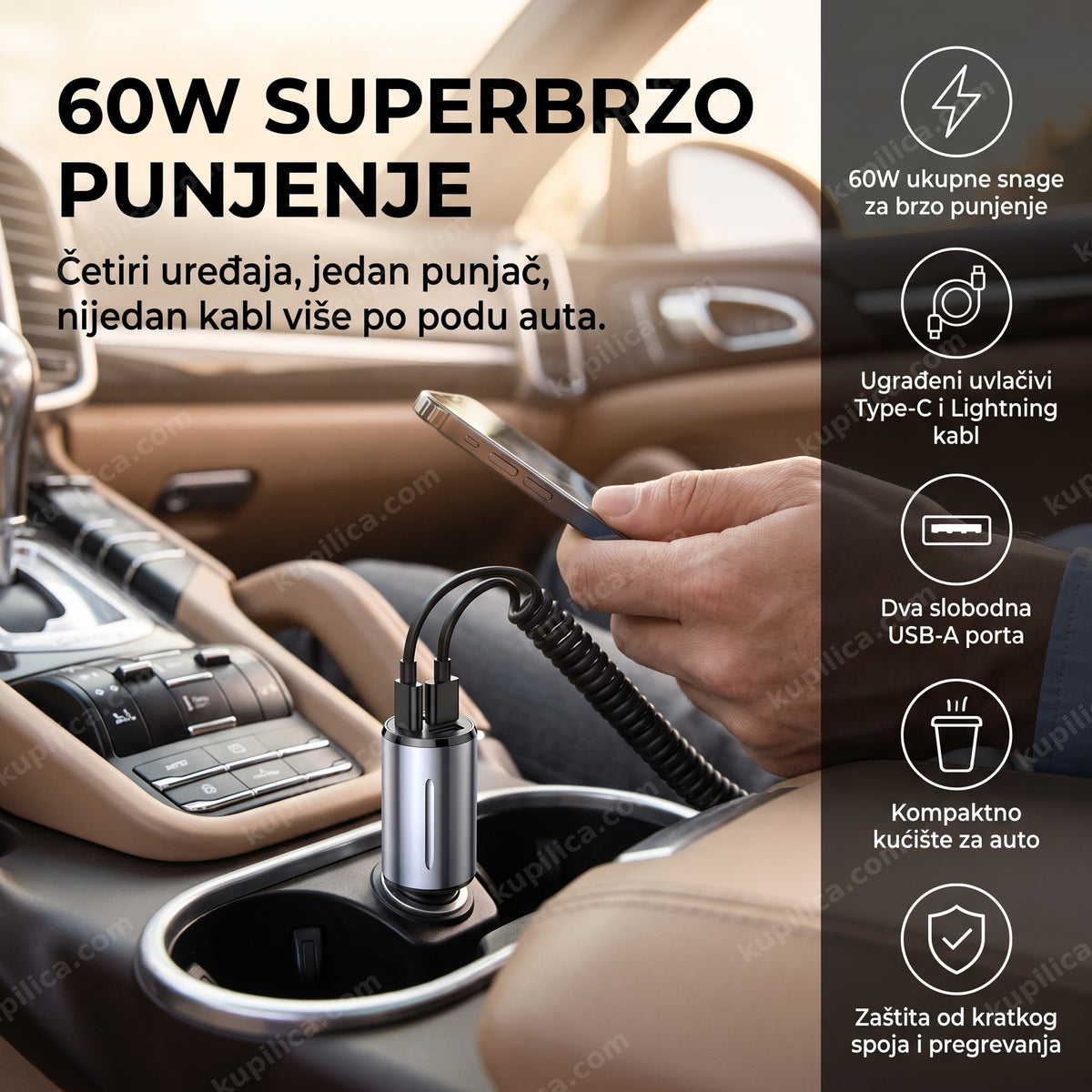 auto punjač 4u1 sa uvlačivim kablovima u konzoli automobila, prikaz benefita proizvoda