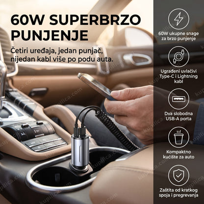 auto punjač 4u1 sa uvlačivim kablovima u konzoli automobila, prikaz benefita proizvoda