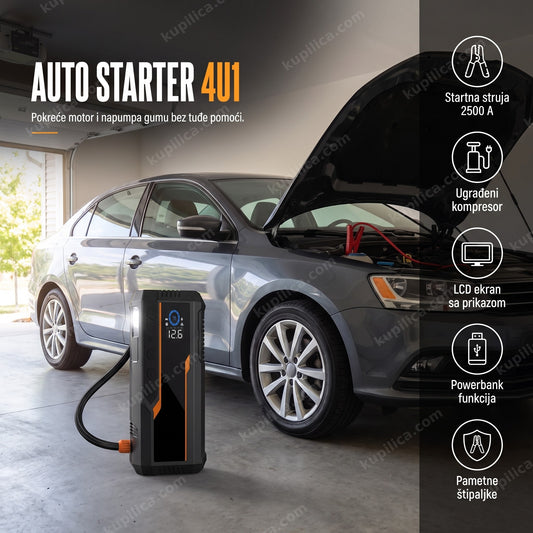 Auto starter 4u1 sa kompresorom i LCD ekranom pored automobila u garaži