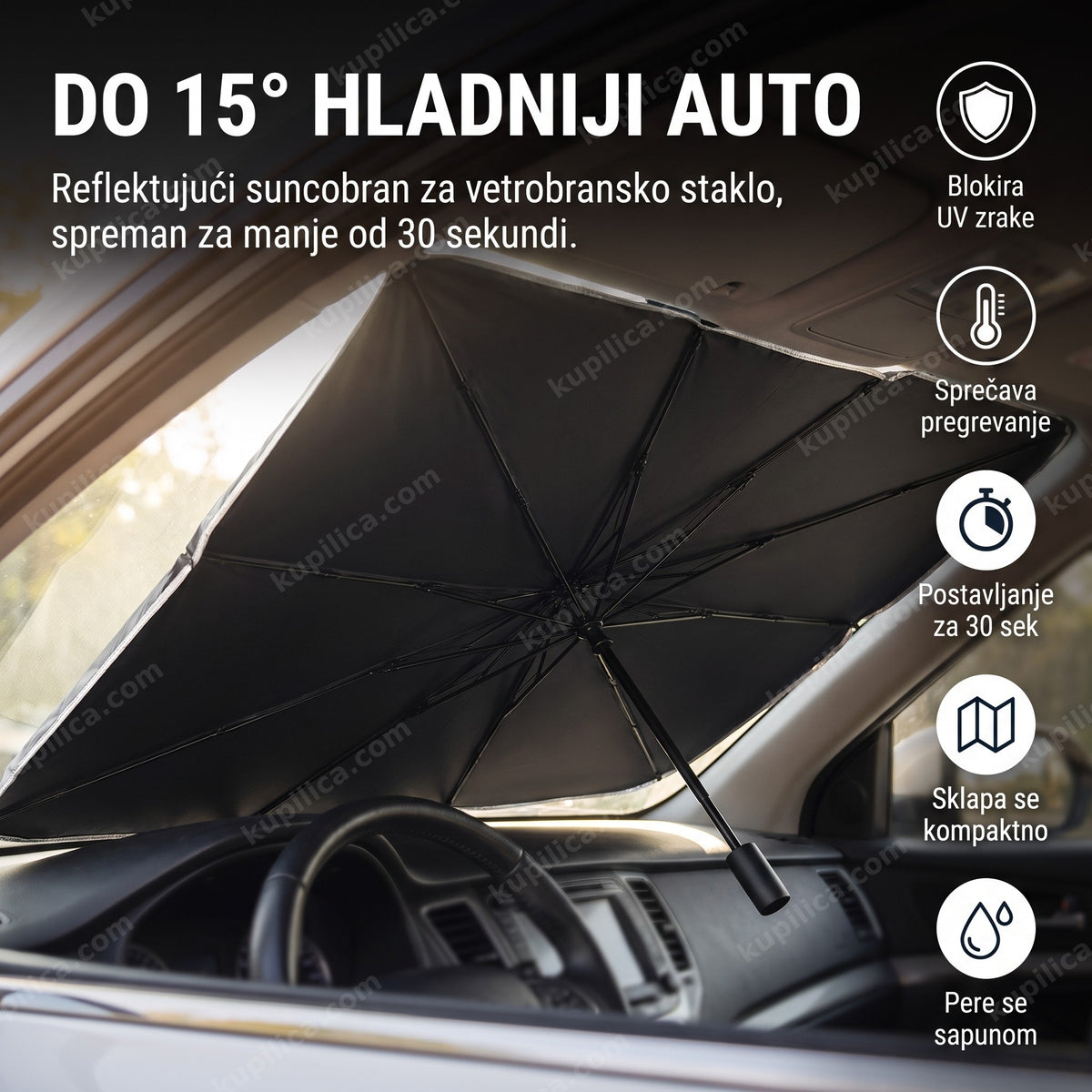 auto suncobran u obliku kišobrana postavljen na vetrobransko staklo iznutra