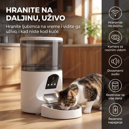 automatska hranilica sa kamerom za ljubimce, mačka jede pored uređaja u kuhinji, benefiti proizvoda