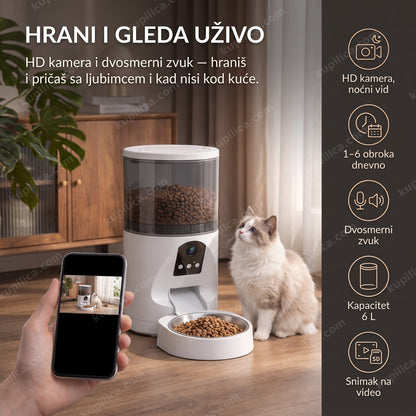 automatska hranilica za ljubimce sa HD kamerom — mačka pored hranilice, benefiti proizvoda