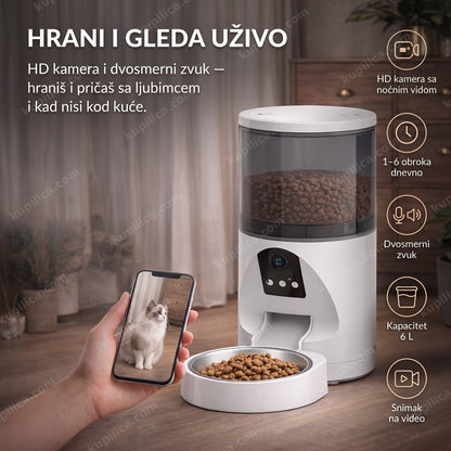automatska hranilica za ljubimce sa HD kamerom — mačka pored hranilice, benefiti proizvoda