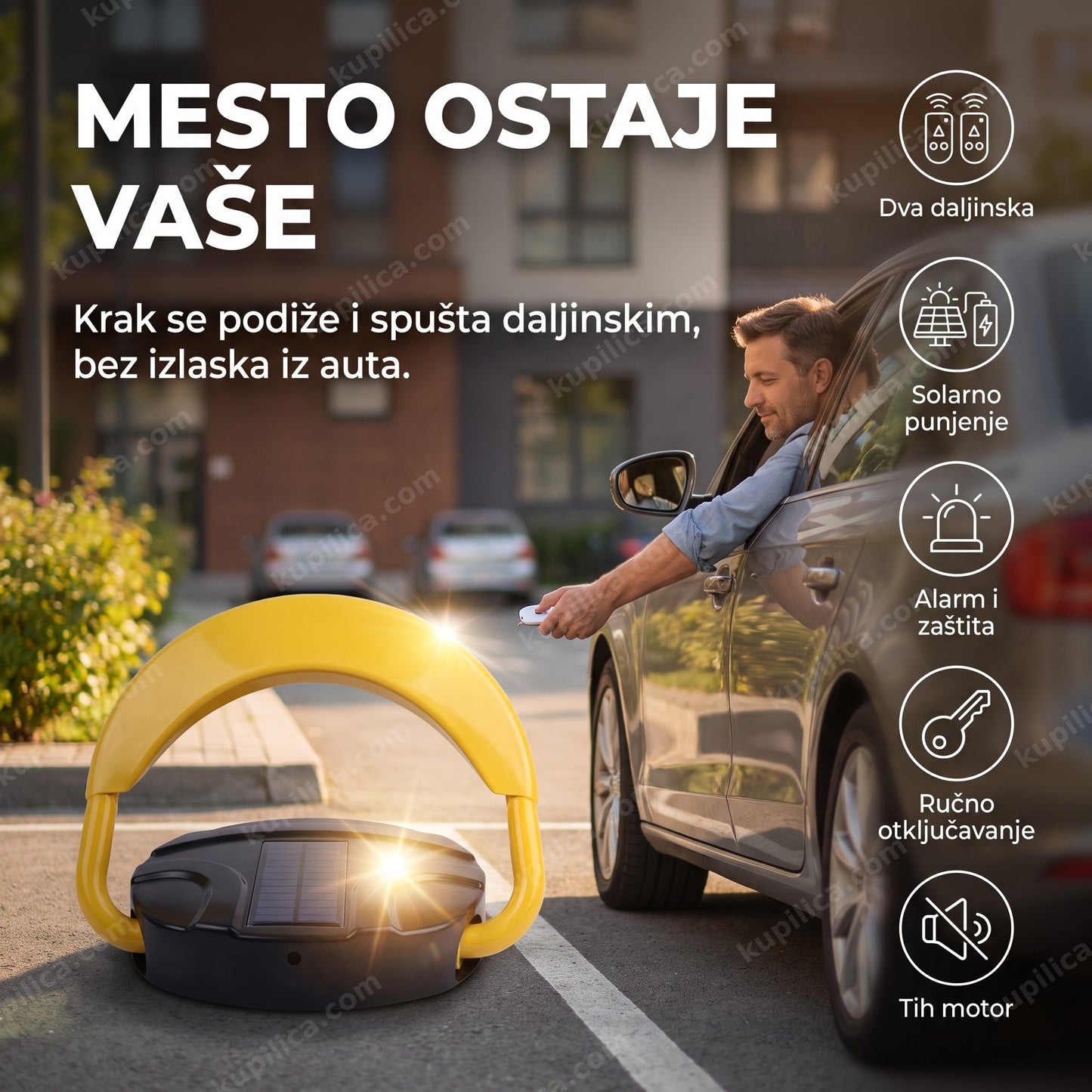 automatska parking barijera solarna apb — vozač podiže rampu daljinskim ispred parking mesta, benefiti proizvoda