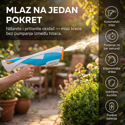 automatska puška na vodu za decu — odrasla ruka drži plavo-narandžasti vodeni pištolj u dvorištu, benefiti proizvoda