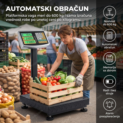automatski obračun — vaganje gajbice povrća na digitalnoj platformskoj vagi na pijačnom štandu, benefiti proizvoda