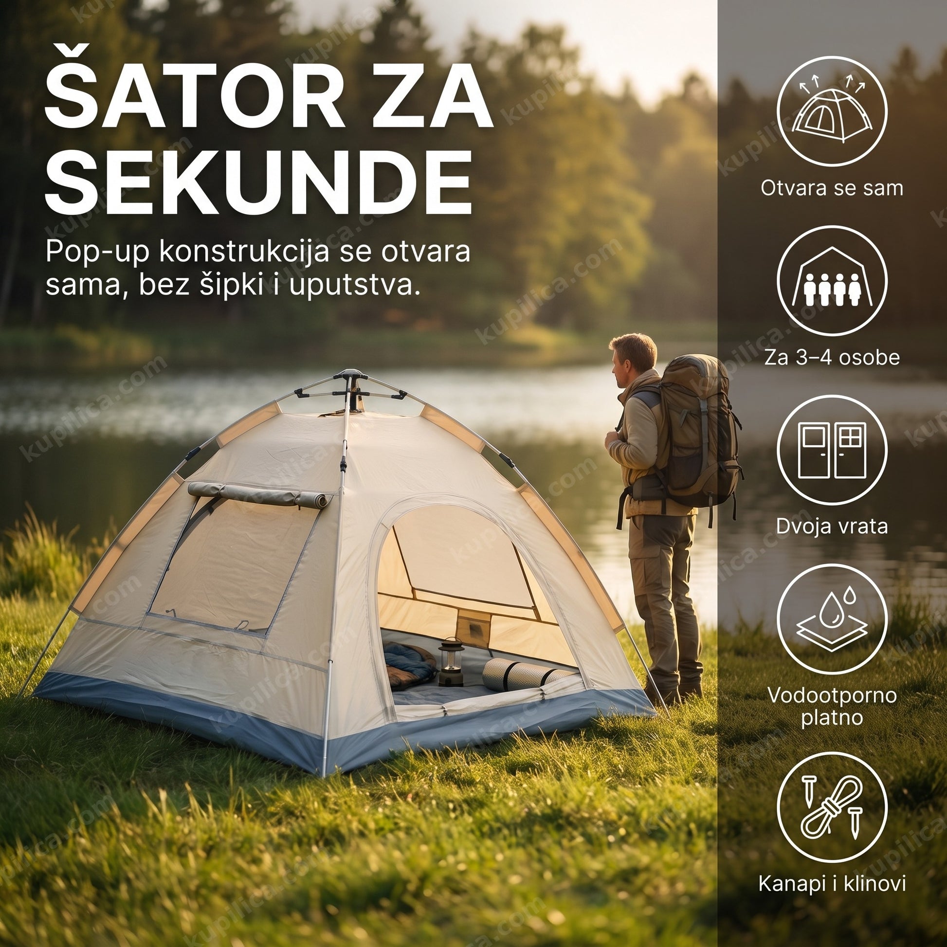 automatski pop-up šator za kamp — šator postavljen pored jezera, benefiti proizvoda