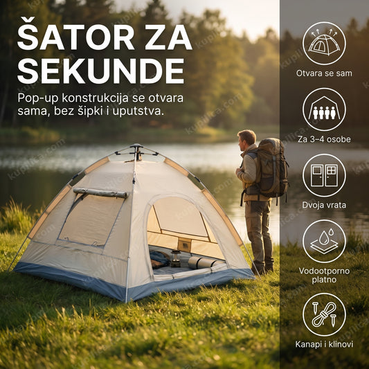 automatski pop-up šator za kamp — šator postavljen pored jezera, benefiti proizvoda