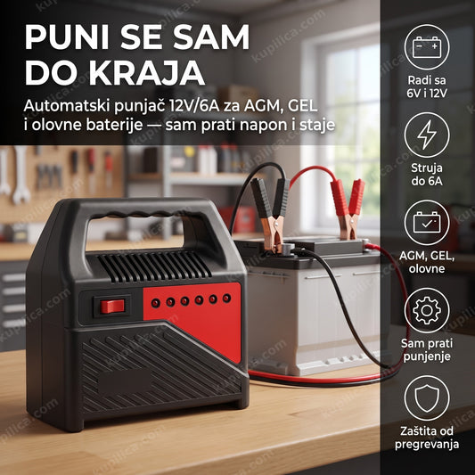 automatski punjač akumulatora 12V 6A priključen na auto akumulator u garaži
