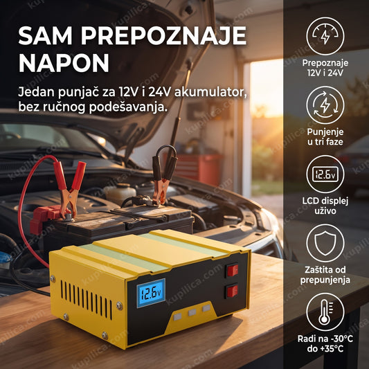automatski punjač akumulatora 12-24V na radnom stolu u garaži, benefiti proizvoda