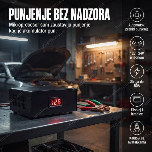 automatski punjač akumulatora sa displejom i kablovima u garažnoj radionici, benefiti proizvoda