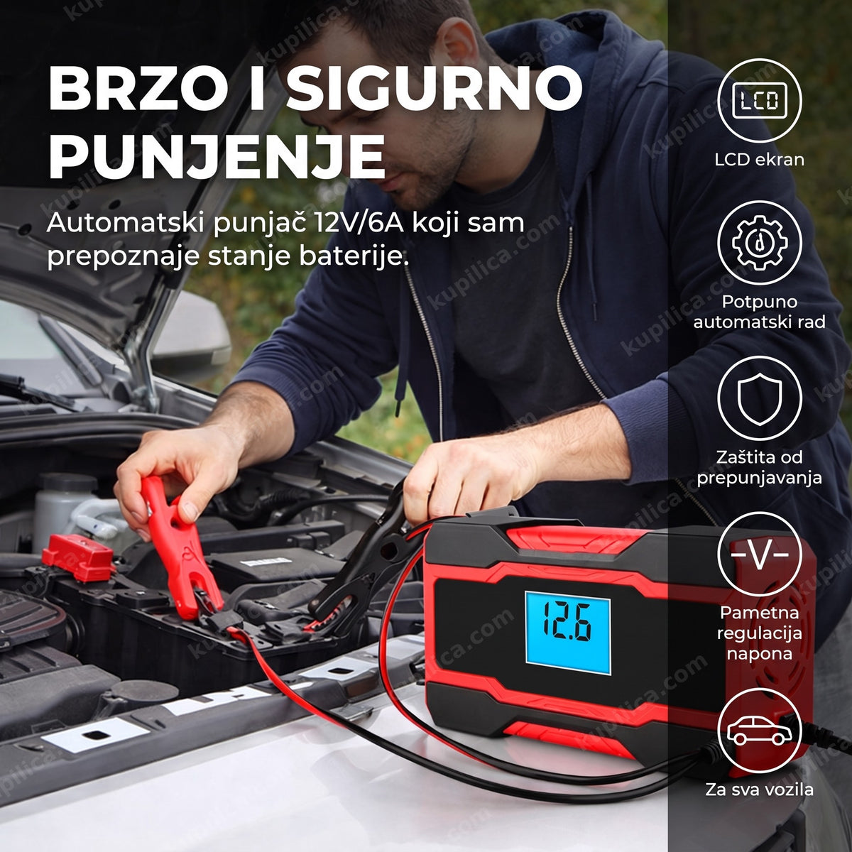 automatski punjač za akumulator 12v 6a povezan na auto bateriju, benefiti proizvoda