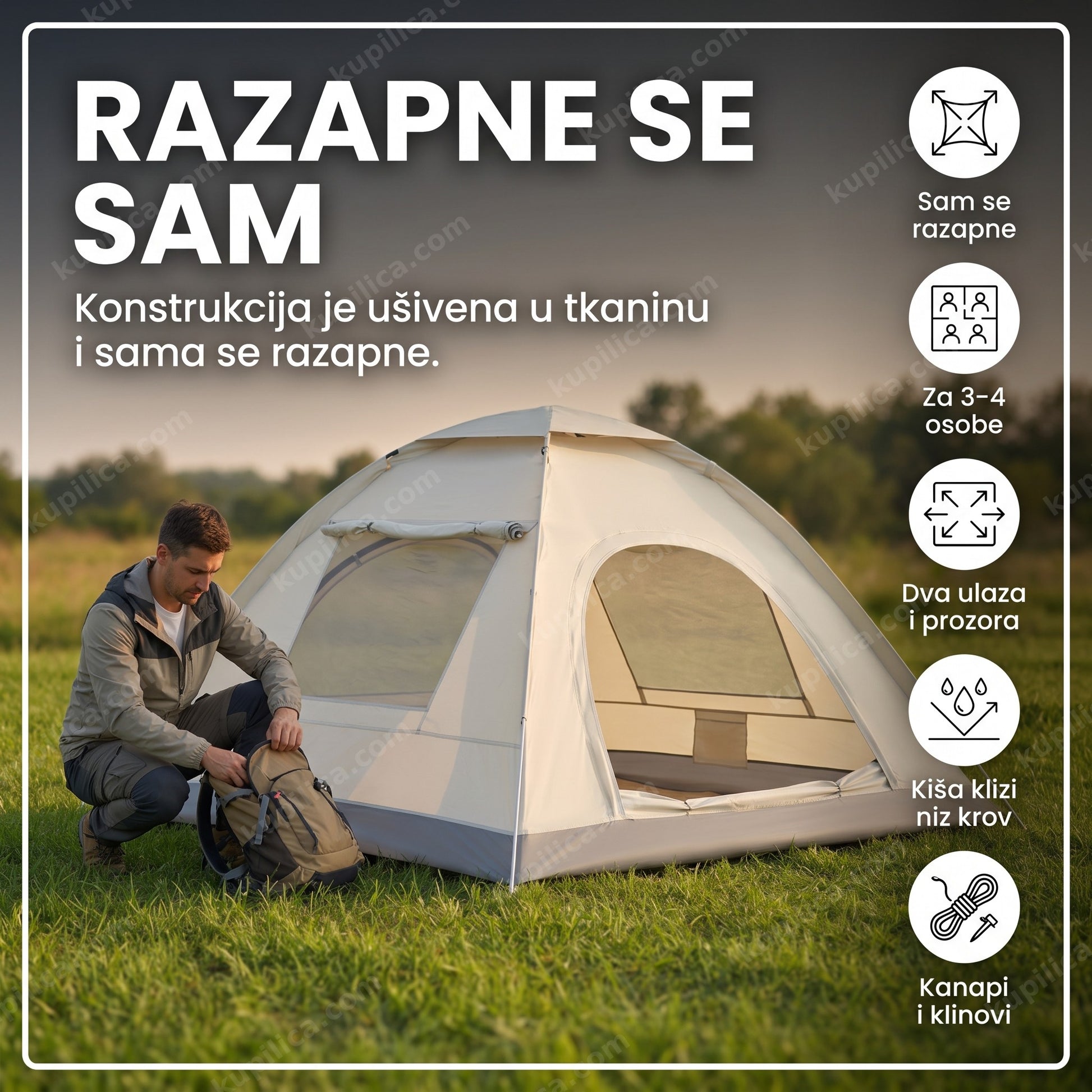 automatski šator za kampovanje 3-4 osobe — šator razapet na kampu, benefiti proizvoda