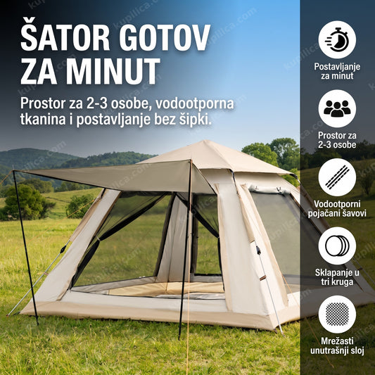 bež automatski šator za kampovanje razapet na livadi, benefiti proizvoda