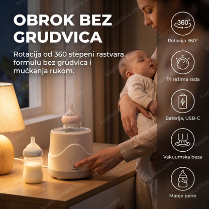 automatski šejker za bebine flašice — roditelj noću priprema flašicu dok drži bebu, benefiti proizvoda