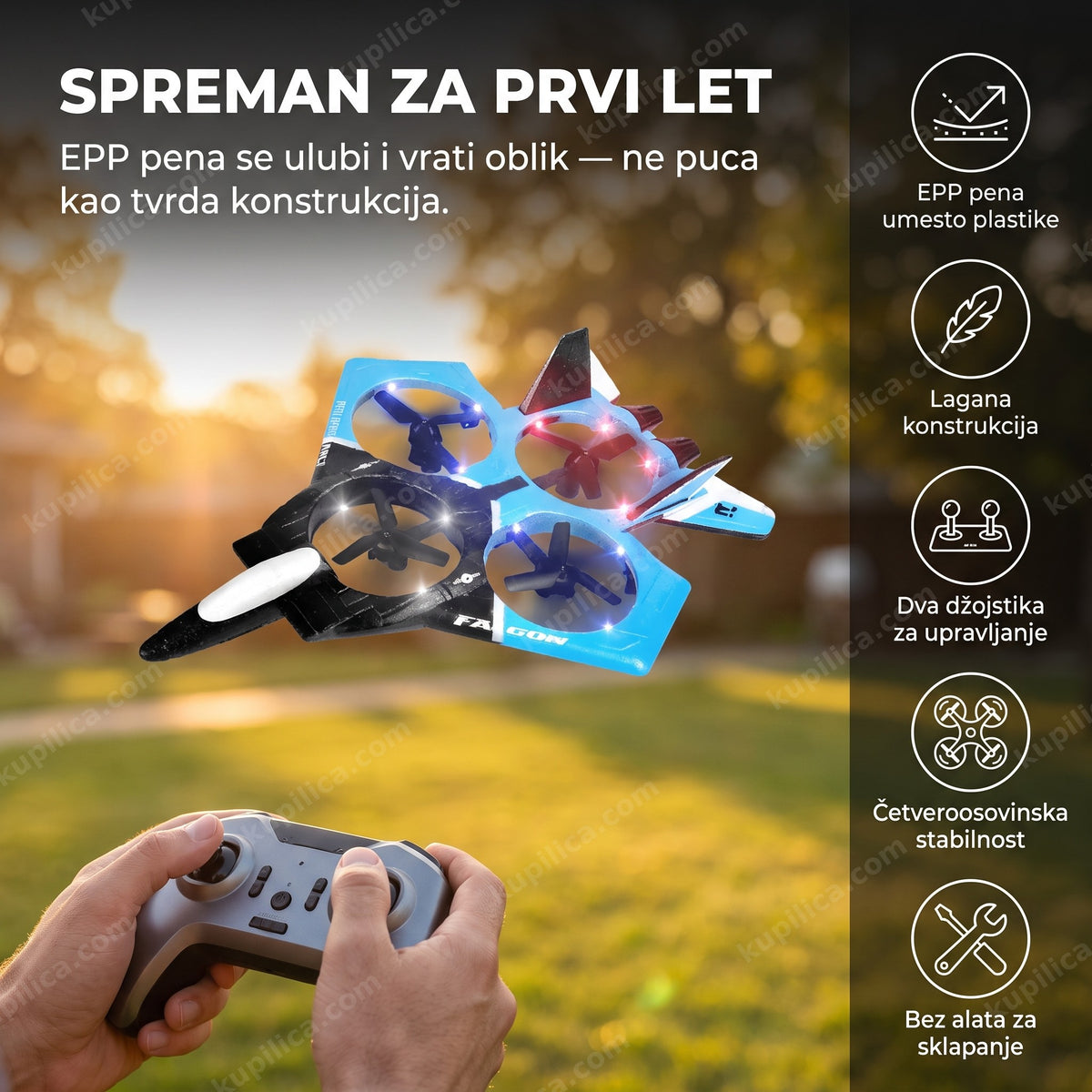 avion dron za decu, dron u letu iznad dvorišta dok odrasla ruka drži daljinski upravljač, benefiti proizvoda