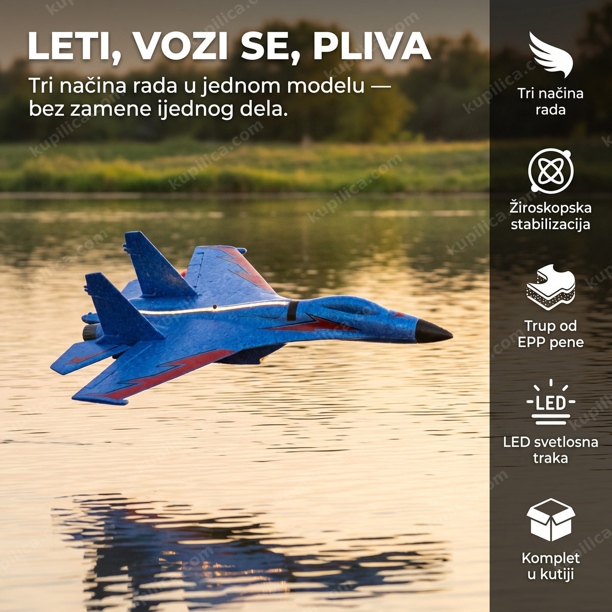 Avion na daljinsko upravljanje leti nisko iznad mirnog jezera, benefiti proizvoda