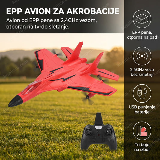 crveni akrobatski avion na daljinsko upravljanje leti nisko iznad livade