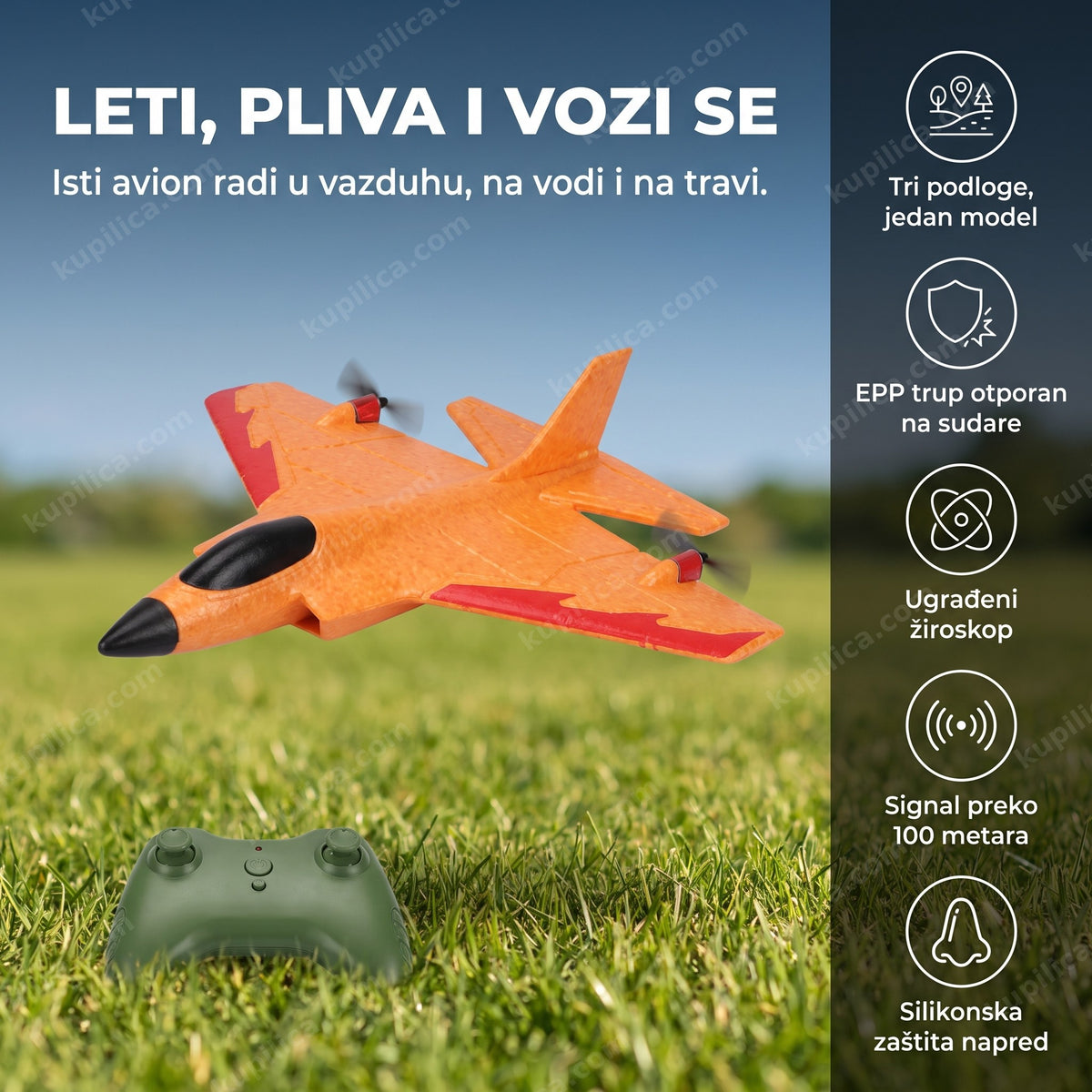 avion na daljinsko upravljanje leti nisko iznad zelene trave