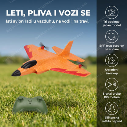 avion na daljinsko upravljanje leti nisko iznad zelene trave