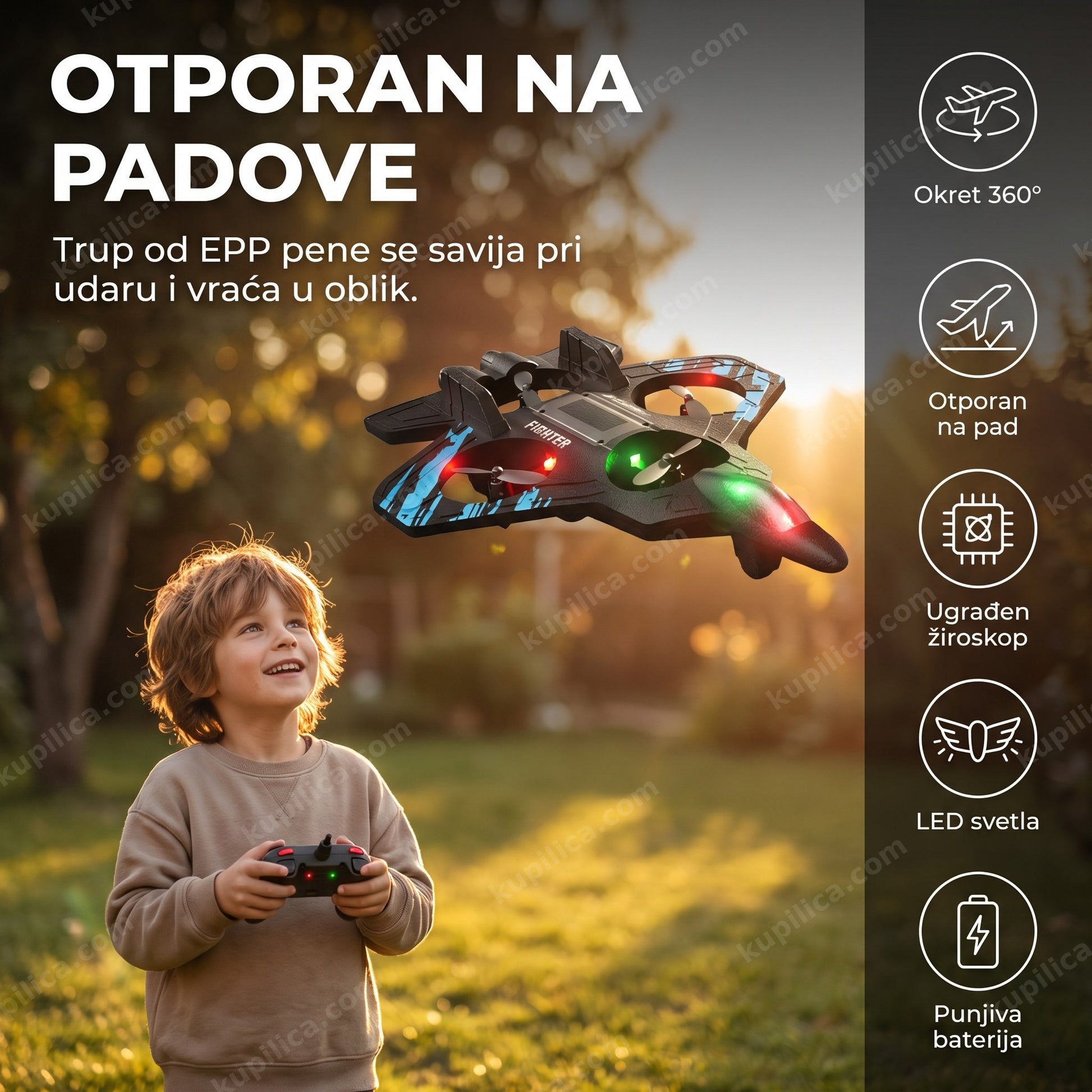 avion na daljinsko upravljanje sa akrobacijama — dete leti avionom u dvorištu u sumrak, benefiti proizvoda