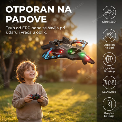 avion na daljinsko upravljanje sa akrobacijama — dete leti avionom u dvorištu u sumrak, benefiti proizvoda