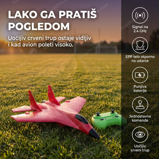 crveni avion na daljinsko upravljanje za početnike na travnjaku