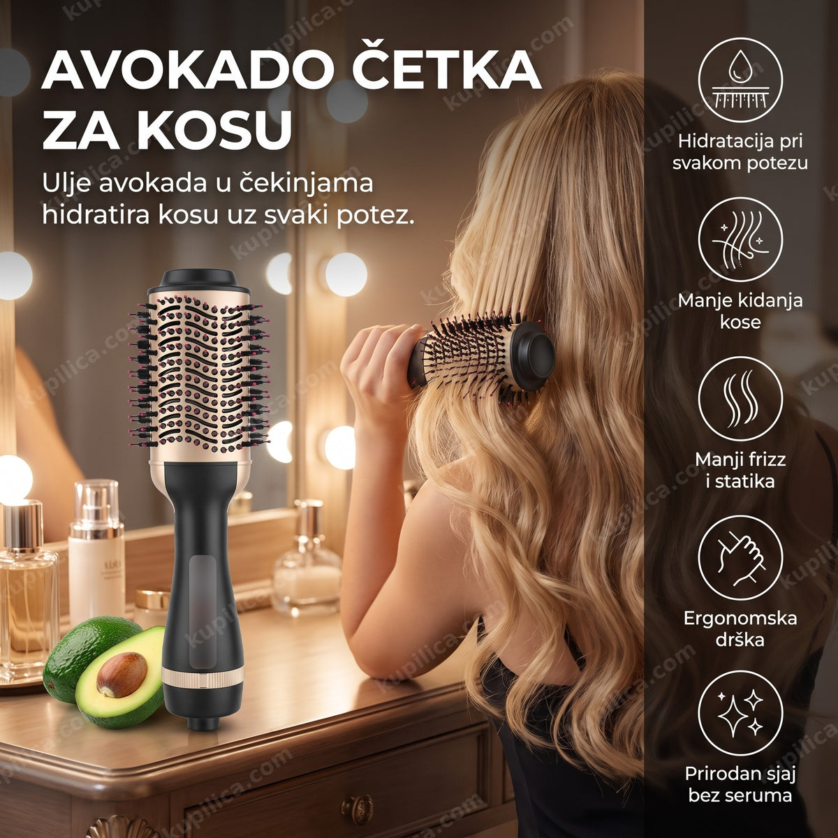 Četka za kosu sa uljem avokada na toaletnom stolu pored avokada, benefiti proizvoda