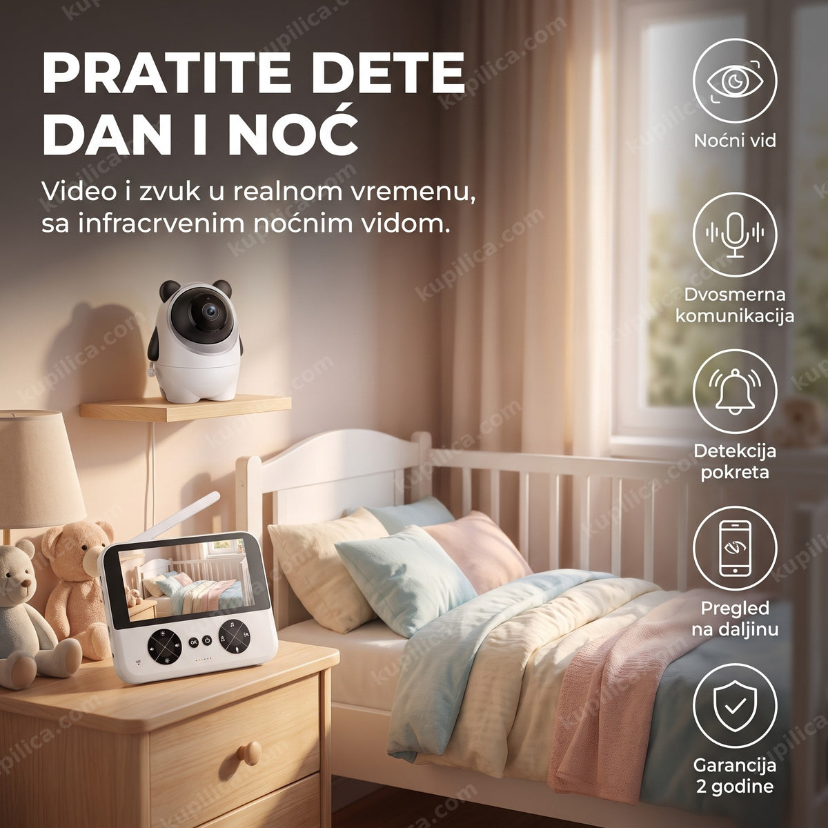 baby monitor kamera u dečijoj sobi sa praznim krevetcem na ekranu, benefiti proizvoda