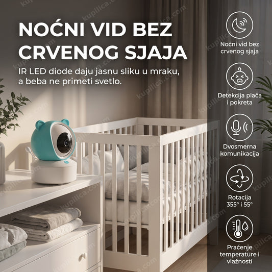 baby monitor sa kamerom pored praznog krevetića u dečjoj sobi, benefiti proizvoda