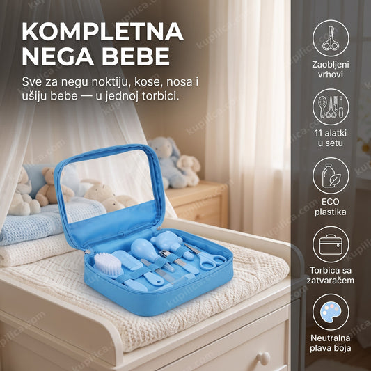 baby set za negu bebe sa plavom torbicom uredno složen na stolu u dečjoj sobi bez bebe u kadru, prikaz benefiti proizvoda
