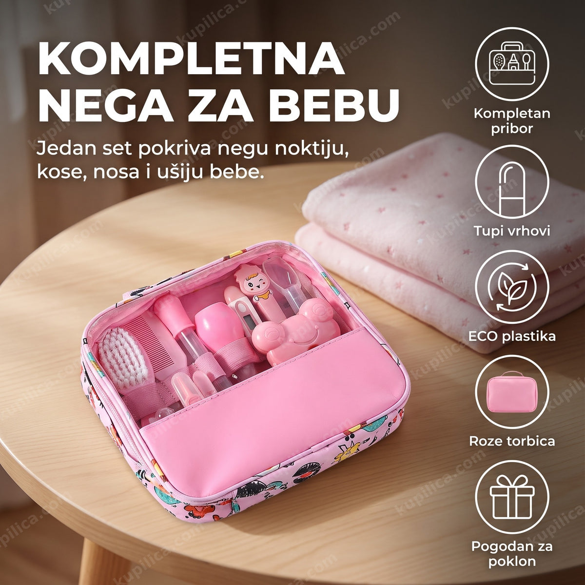 veliki baby set za negu bebe roze boje sa torbicom na stolu, benefiti proizvoda