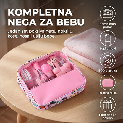 veliki baby set za negu bebe roze boje sa torbicom na stolu, benefiti proizvoda
